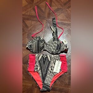 2 piece high waisted bathing suit pink black white